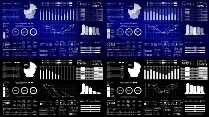 财务动画与饼，条形图和折线图。证券交易所的信息和数字。用阿尔法哑光。经济背景。
