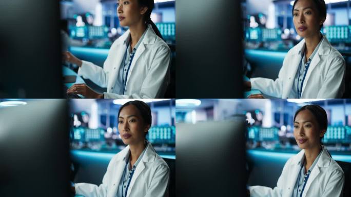 现代医院医学研究实验室中亚洲女医生使用台式电脑的画像微笑医生核对病人化验结果、处方、症状史