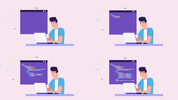 从事代码、编码、测试、调试、分析工作的程序员。Web开发年轻人使用编程语言。自由IT工作者4k动画角