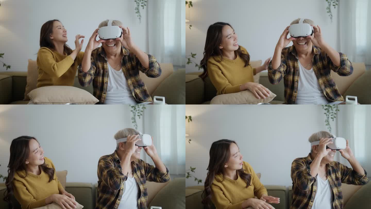 快乐的老人在家和女儿玩虚拟现实。VR, 3D视频和技术。