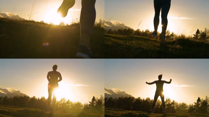 镜头光晕:日落时分，女跑步者在风景如画的山顶张开双臂跳跃
