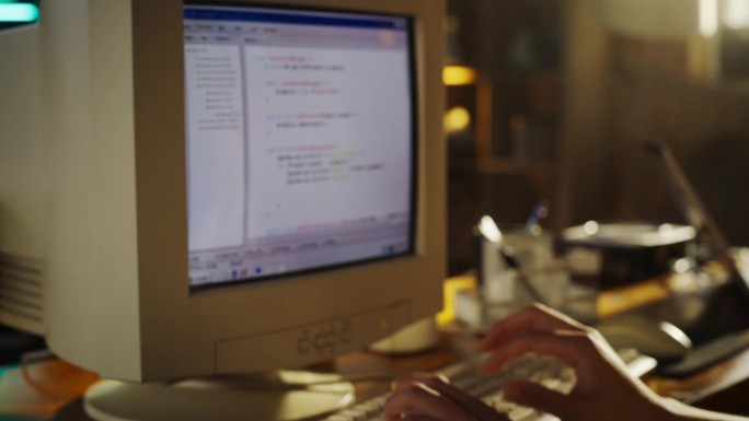 缩小镜头的西班牙裔女性软件工程师编程在旧的台式电脑在复古车库。专注的女性在90年代创办科技创业公司。