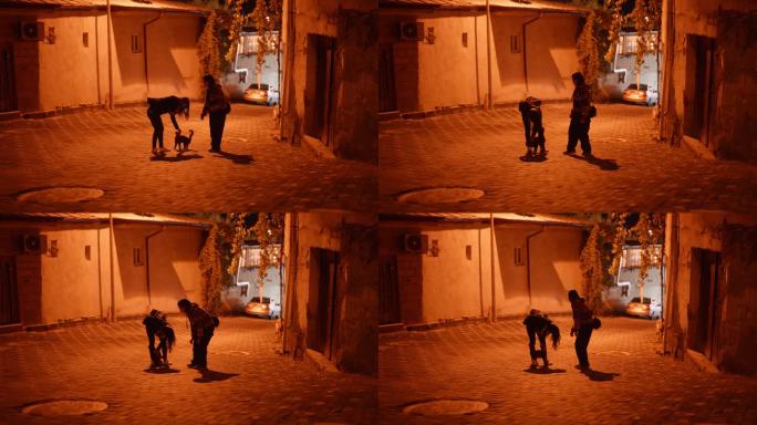 两个女游客朋友走在城市和爱抚流浪猫在夜晚在土耳其土耳其土耳其<s:1>卡帕多西亚