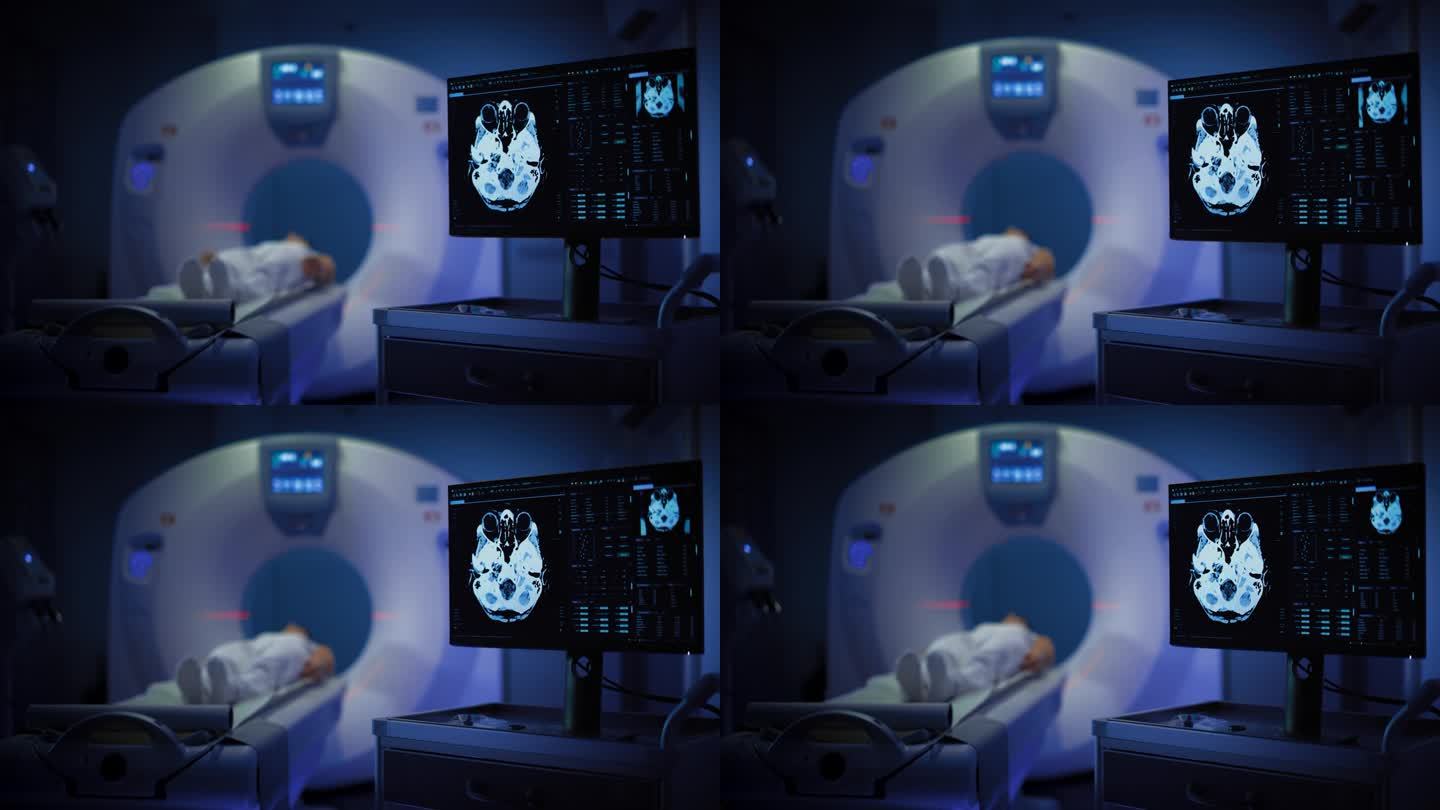 一个女性病人躺在CT或核磁共振扫描中，当机器扫描她的大脑时，床在机器内部移动。显示结果。医学实验室或