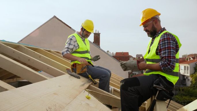中年白人男屋顶工人下班休息，坐在屋梁上喝咖啡