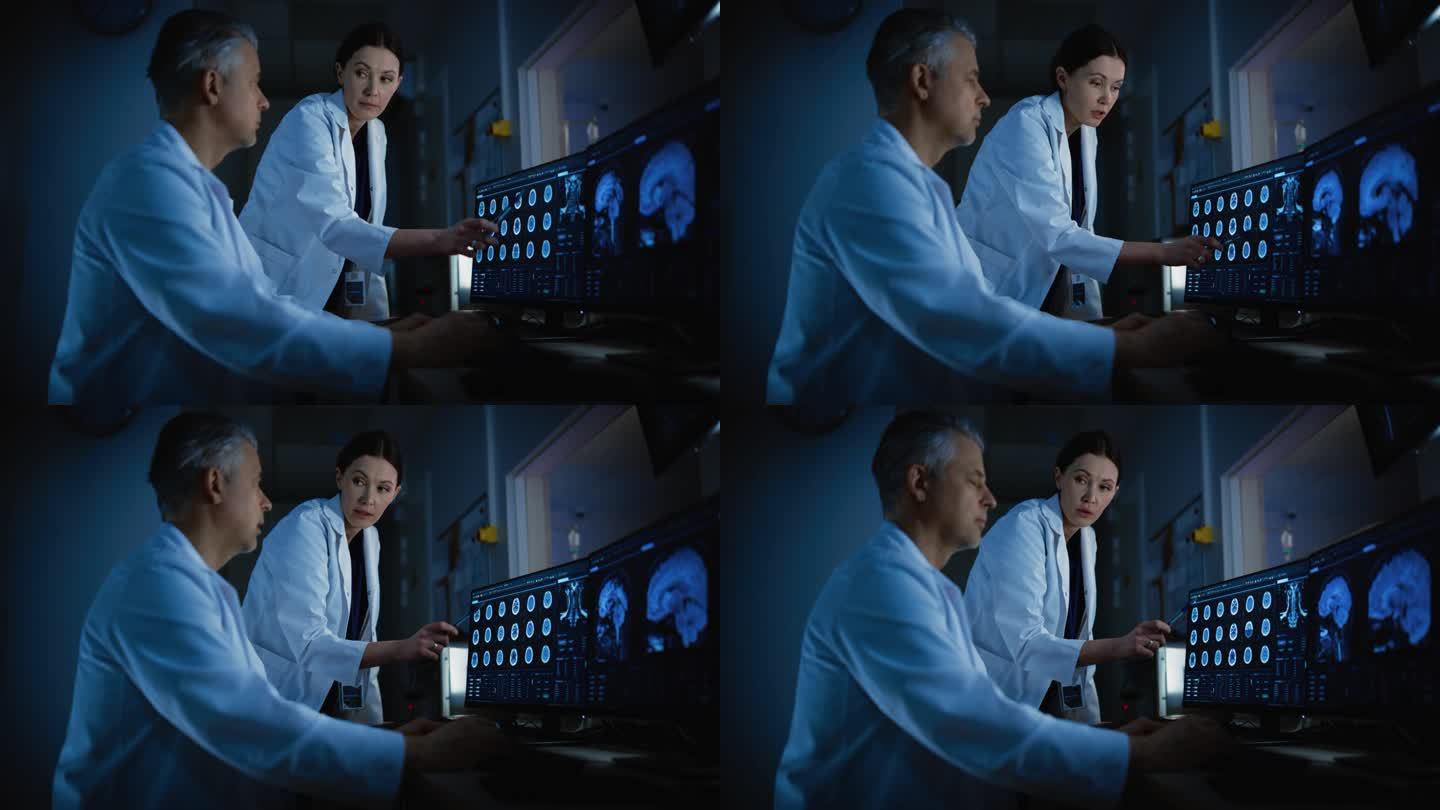 在控制室里，医生和放射科医生一边讨论诊断，一边观看程序和显示脑部扫描结果的监视器。患者在高科技医疗设