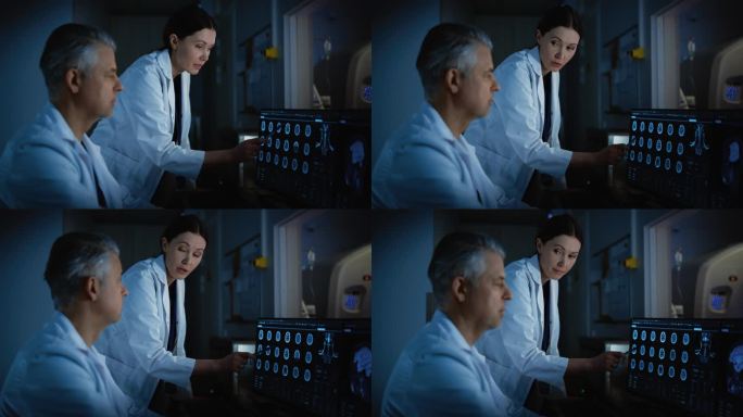 在控制室里，医生和放射科医生一边讨论诊断，一边观看程序和显示脑部扫描结果的监视器。患者在高科技医疗设