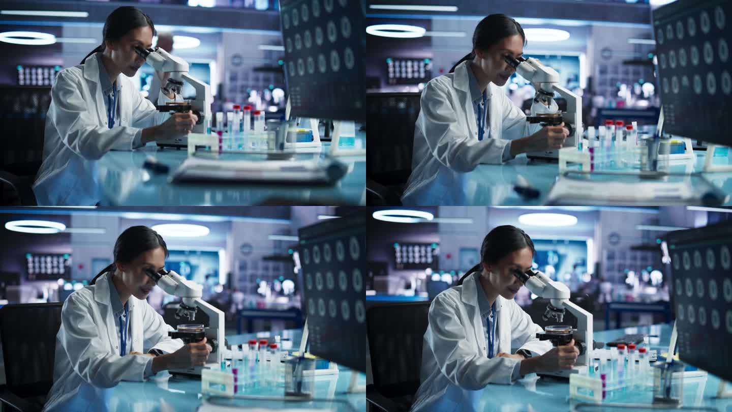 医学研发中心:亚洲女科学家用显微镜分析培养皿样品。开发治疗精神障碍或缓解疼痛的创新药物的专家。