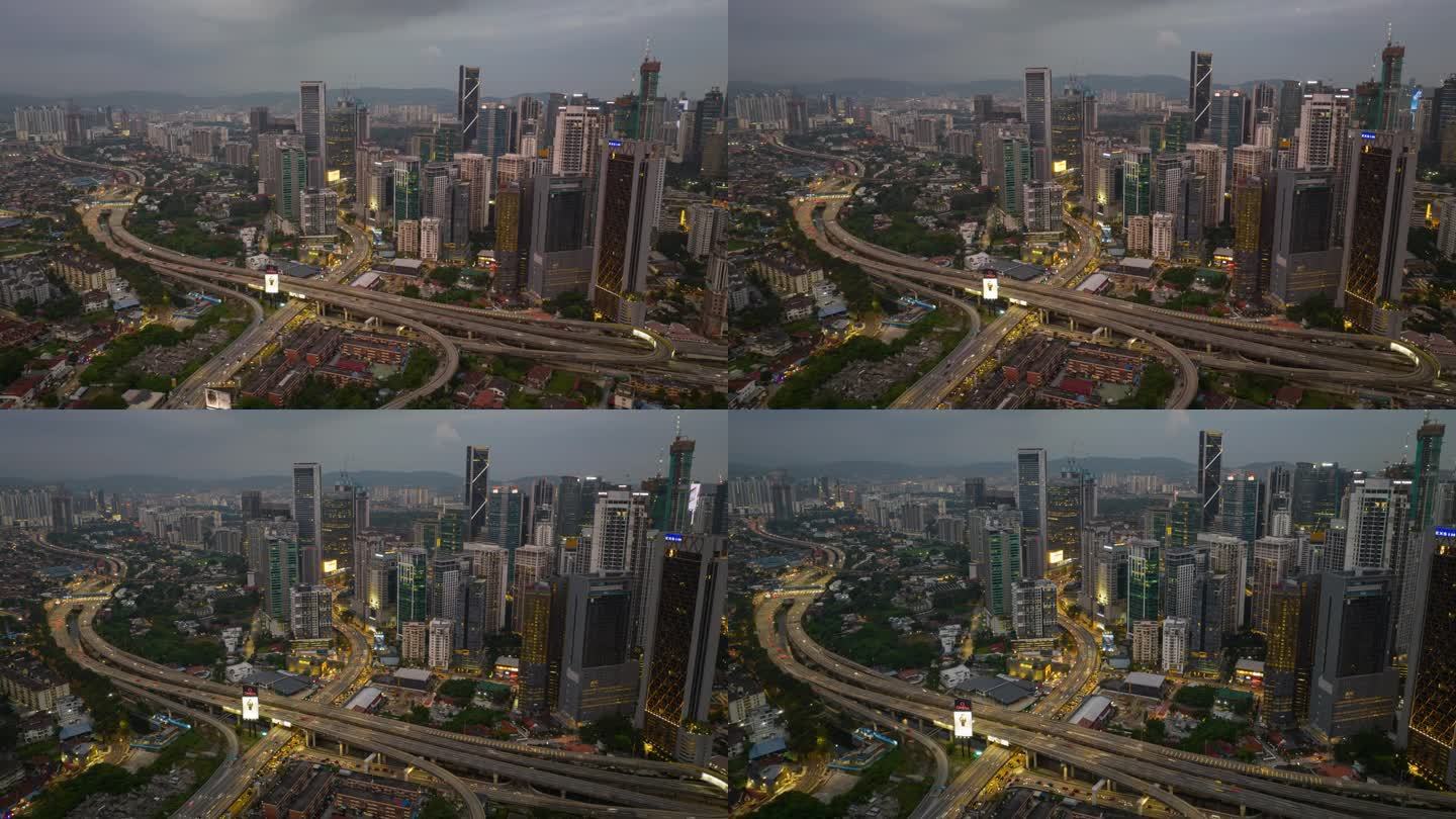 暮光照明吉隆坡城市交通道路交汇处航拍全景4k延时马来西亚