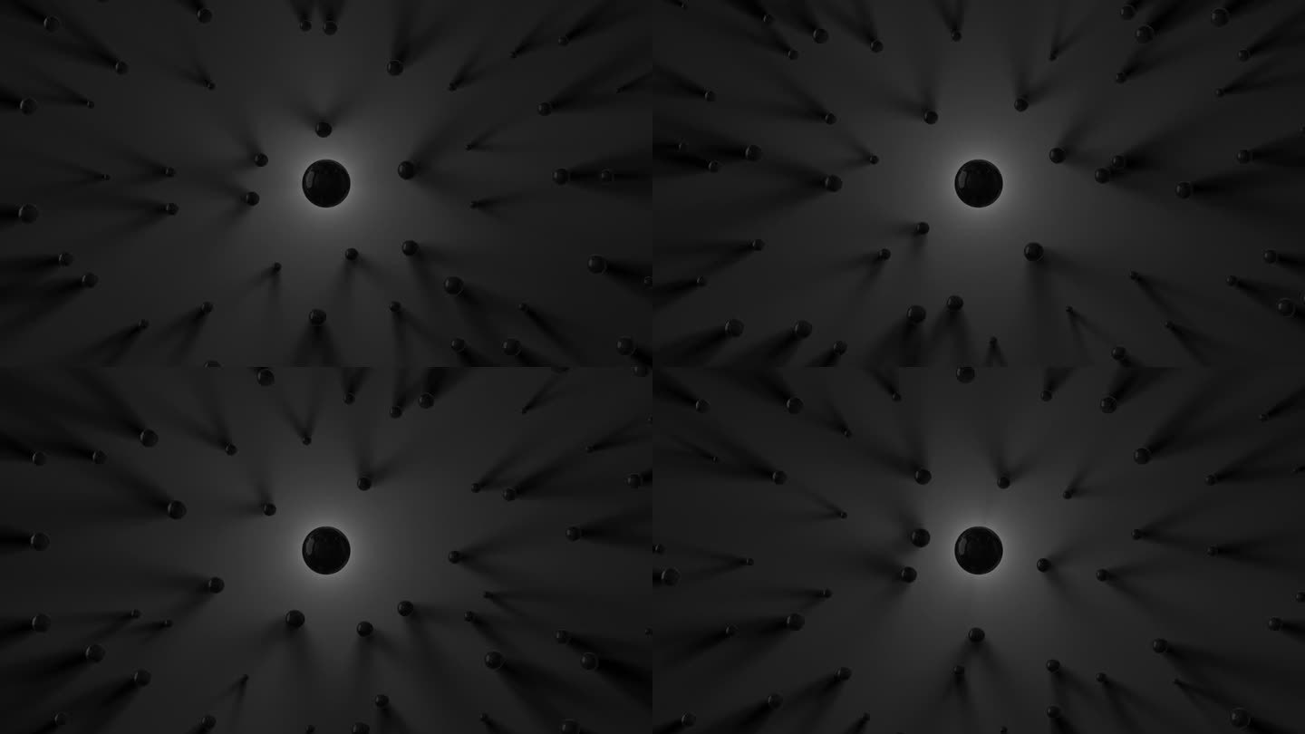 移动黑球到中心光动画。具有长阴影的物体的吸引力。三维抽象协作概念。磁性吸引物体到中央形成渲染。4k超