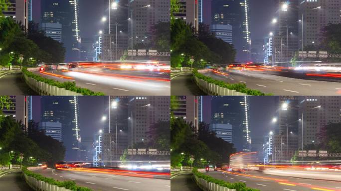 夜晚照亮雅加达市中心的交通街道道路侧面全景4k延时印尼