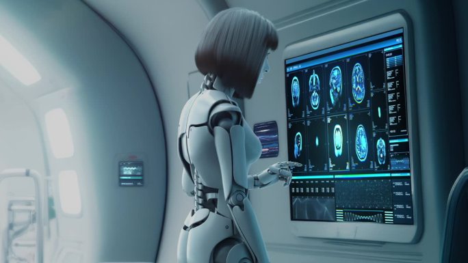 机器人女孩对另一个机器人进行扫描。