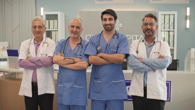 一群印度男医生在医院里微笑着看着镜头的肖像。医疗专业人员、护士和专家在诊所摆姿势。拯救生命的日常英雄