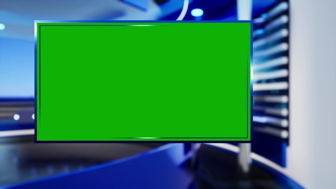 背景电视新闻广播与绿屏。绿屏的虚拟工作室