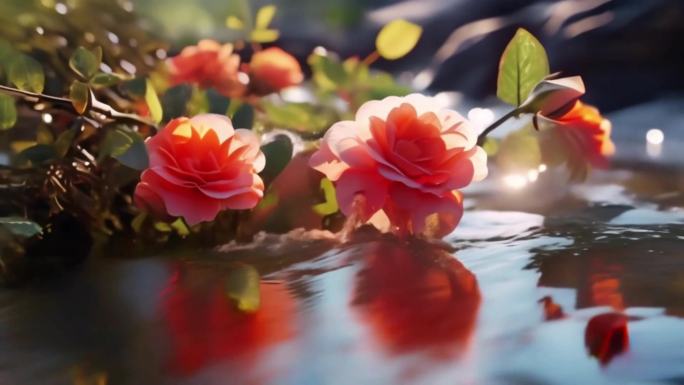 红花小溪流水山中植物花朵特写自然生态广告