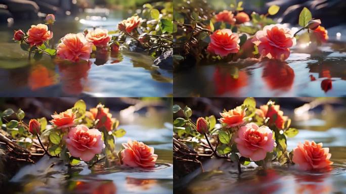 红花小溪流水山中植物花朵特写自然生态广告