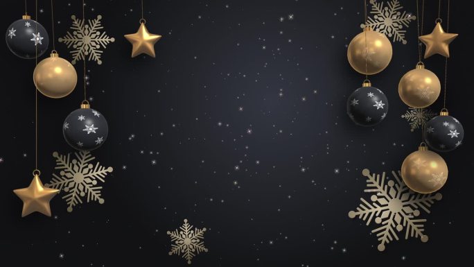 圣诞快乐，新年快乐，金色装饰，黑色背景。动画圣诞玩具为圣诞树。星星，雪花和线上的球。循环运动图形。