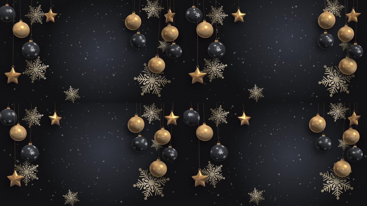圣诞快乐，新年快乐，金色装饰，黑色背景。动画圣诞玩具为圣诞树。星星，雪花和线上的球。循环运动图形。