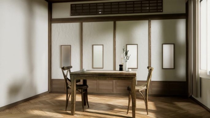 日式餐厅，日式长桌和木椅。三维渲染