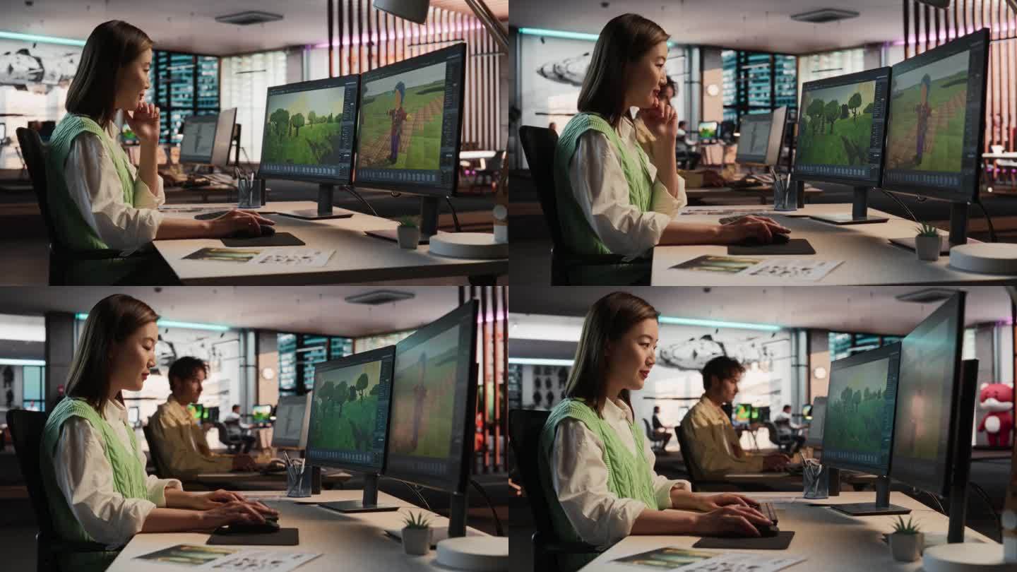 亚洲女游戏设计师使用台式电脑，在RPG电子游戏的3D建模软件中设计独特的世界和角色。女性在不同游戏开