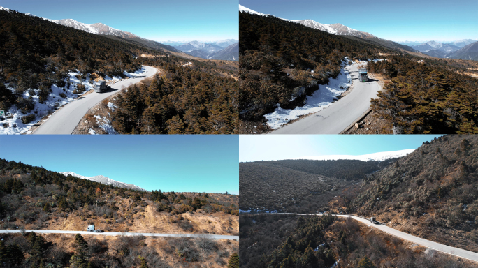 【4K】新能源卡车行驶在冬天雪山