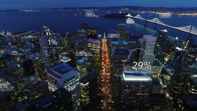 空中智慧城市。网络连接和带有百分比的云计算图标。技术理念、数据通信、人工智能、物联网。日落时的旧金山