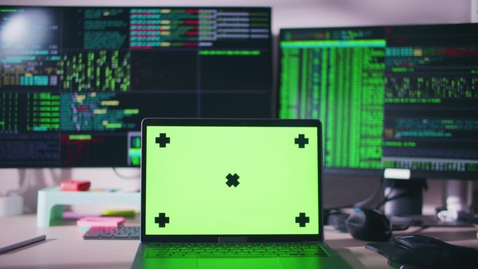 桌面电脑模拟绿色屏幕色度键在桌子上
