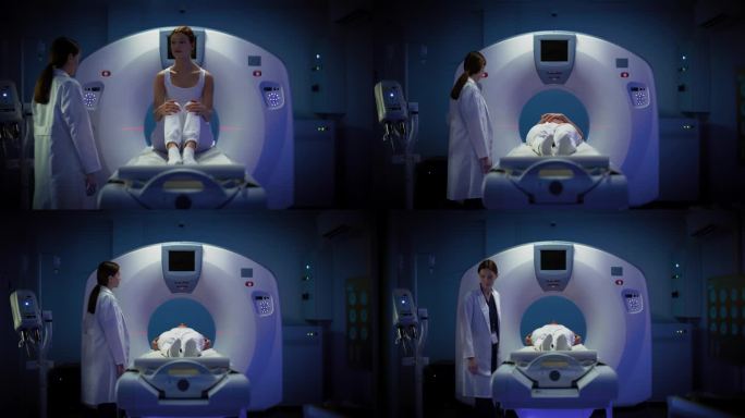一名女性病人躺在CT或MRI扫描床上，扫描她的大脑。监督手术的医生。医学实验室或医疗机构的录像缩小