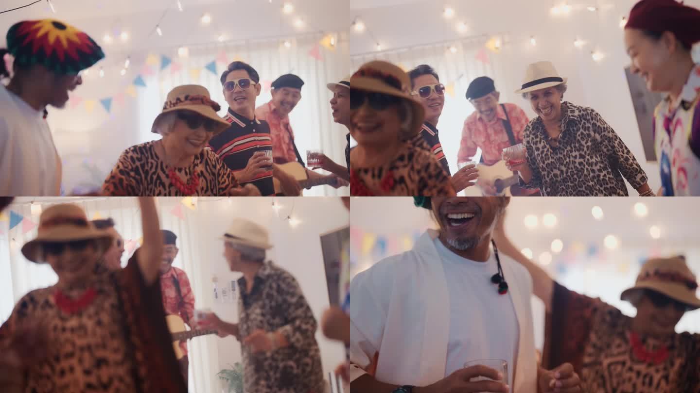 亚洲老年人在一个私人聚会上一起享受鸡尾酒和表演舞步。
