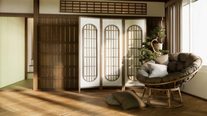 日式沙发和装饰上了现代房间内部的侘侘风格。三维渲染