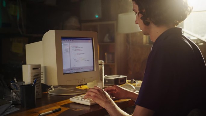 缩小镜头:白人男性软件工程师在复古车库的旧台式电脑上编程。专注于90年代金融科技创业公司的人。在家编