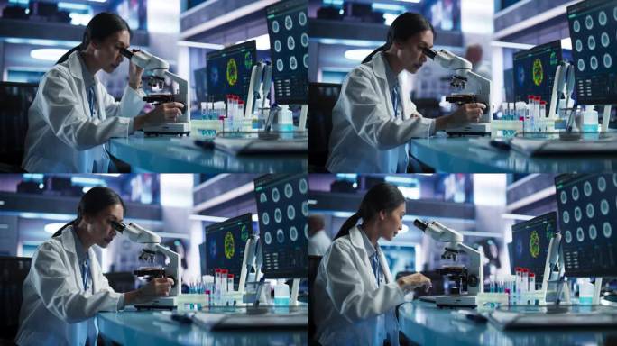 医学研发中心:亚洲女科学家用显微镜分析培养皿样品。为中风患者的康复开发创新药物的专家。