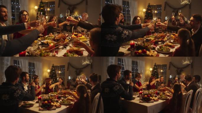 在家里与多元文化的亲人一起庆祝圣诞夜，享受火鸡晚餐。老人和年轻的家庭成员举杯碰杯庆祝节日