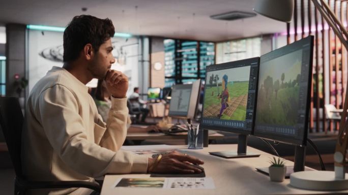 印度男性游戏设计师使用桌面电脑和3D建模软件设计身临其境的生存电子游戏角色和世界。在游戏开发公司工作