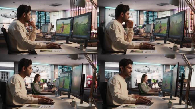 印度男性游戏设计师使用桌面电脑和3D建模软件设计身临其境的生存电子游戏角色和世界。在游戏开发公司工作
