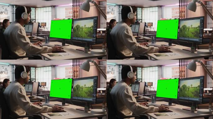 印度男性游戏设计师使用带有绿屏Chromakey的桌面电脑，在3D建模软件中为新视频游戏设计沉浸式世