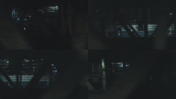 大气手持镜头从移动的火车。夜间通过纽约市住宅区和商业区的地面交通。城市夜生活和公共交通