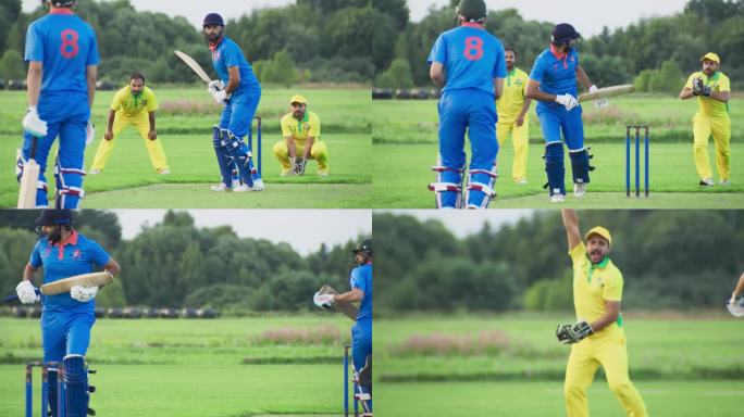 职业印度板球运动员在蓝色制服和保护装备击球和捍卫三柱门。运动员在一个温暖的下午在绿色的球场上练习