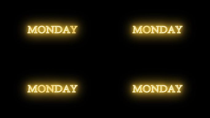 4K星期一发光的金色霓虹文字动画