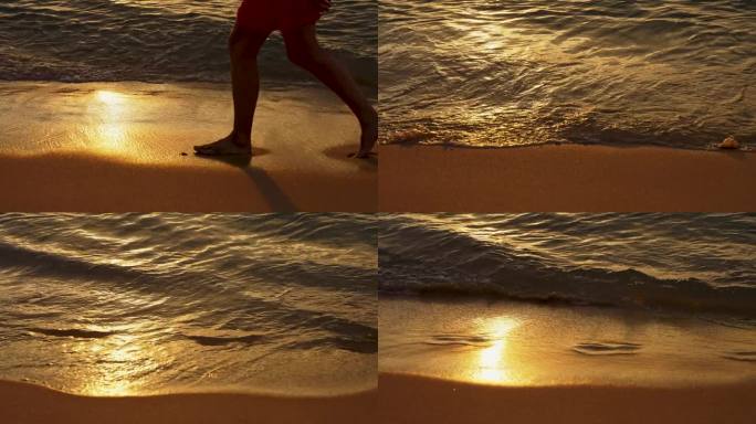 女孩沿着海边走，在沙滩上留下脚印。