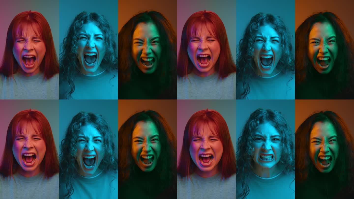 霓虹色彩的多屏女性肖像看着镜头一起尖叫。多屏拼贴美丽的女士们在疯狂生活的愤怒痛苦中大喊大叫。坏心情的