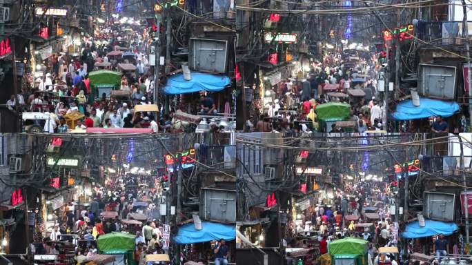 印度德里月光市集街头拥挤的人群4k