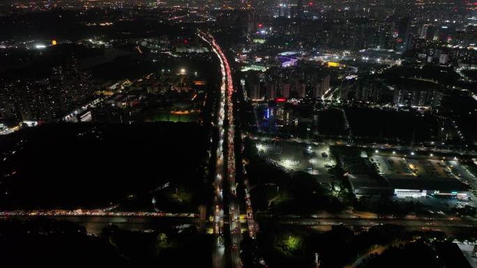 广东省东莞市莞长路城市主干道夜景航拍