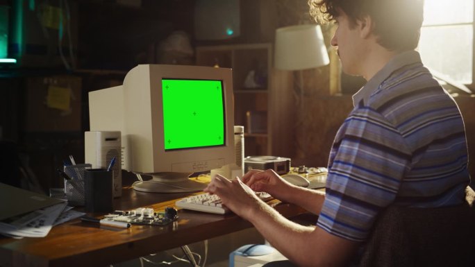 白人男性硬件工程师在复古车库展示的绿屏Chromakey旧台式电脑上编程。软件开发人员为九十年代的创