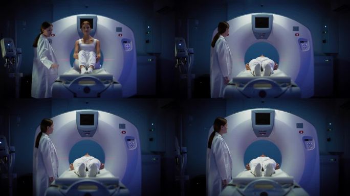 一名女性病人躺在CT或MRI扫描床上，扫描她的大脑。监督手术的医生。医学实验室或医疗机构的录像放大