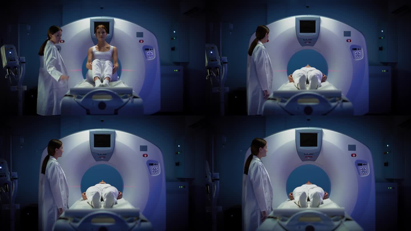 一名女性病人躺在CT或MRI扫描床上，扫描她的大脑。监督手术的医生。医学实验室或医疗机构的录像放大