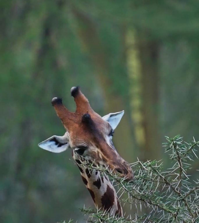 非洲肯尼亚纳库鲁湖，马赛长颈鹿正在吃树上的嫩芽