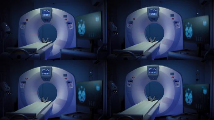 医学CT或MRI或PET扫描站在现代医院实验室。技术先进，功能齐全的医疗设备，洁净的白色房间。缓慢上
