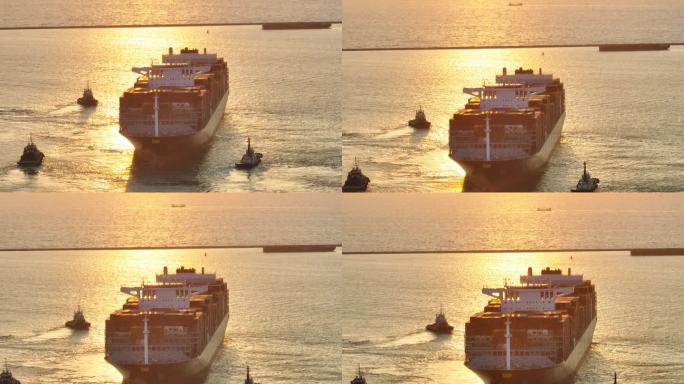 上午一艘大型货柜货船的鸟瞰图