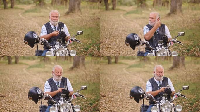 高级白人男性骑摩托车的人坐在摩托车上戴着耳机听音乐